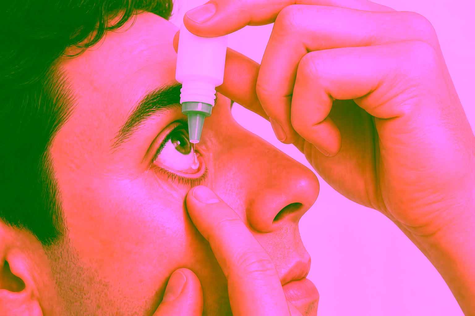 Ilustração de uma pessoa olhando para cima enquanto puxa a pálpebra inferior e pinga uma gota no saco conjuntival sem encostar o frasco Ilustração de uma pessoa olhando para cima enquanto puxa a pálpebra inferior e pinga uma gota no saco conjuntival sem encostar o frasco
