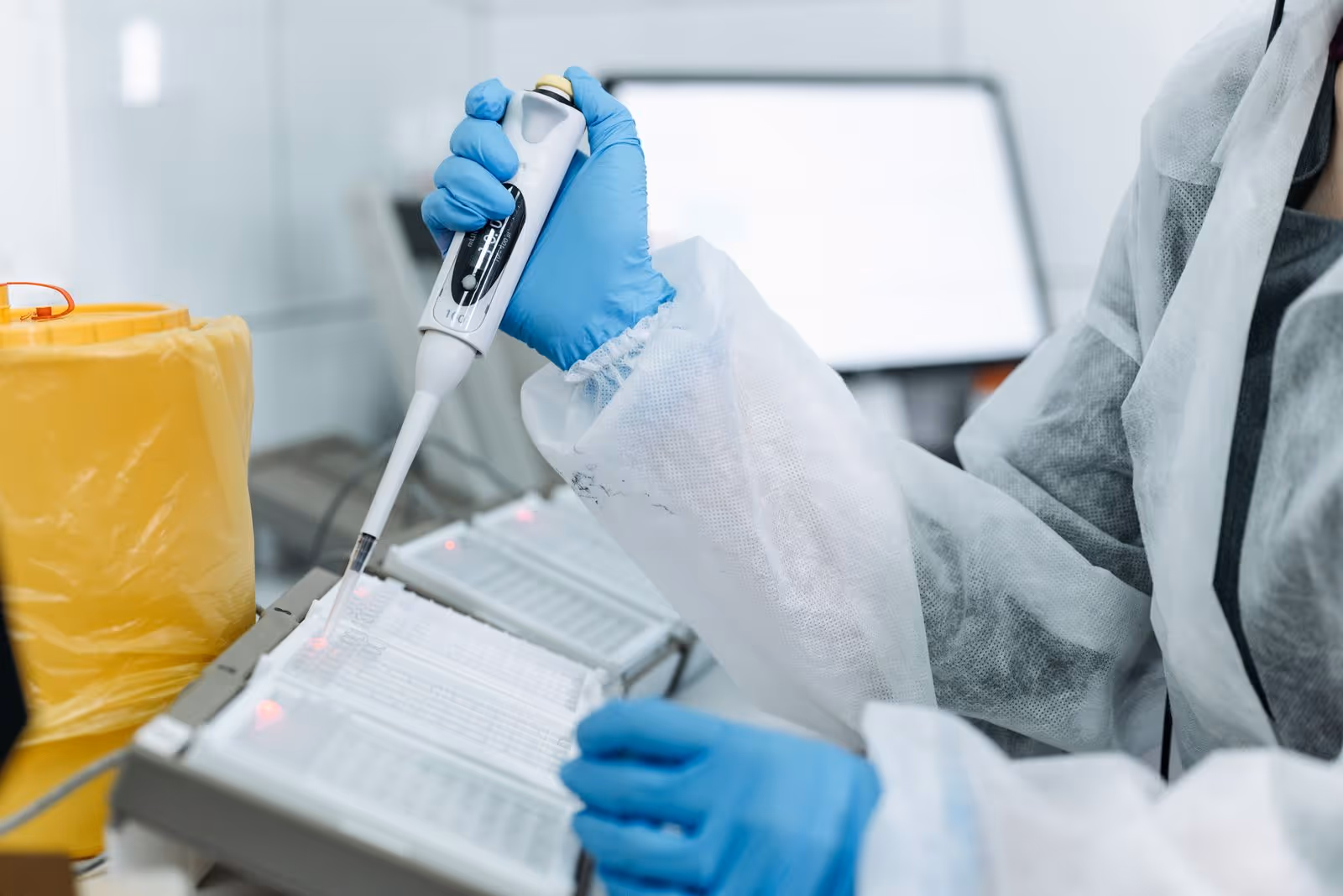 Pessoa com luvas usa uma pipeta diante de tubos e equipamentos de laboratório Pessoa com luvas usa uma pipeta diante de tubos e equipamentos de laboratório